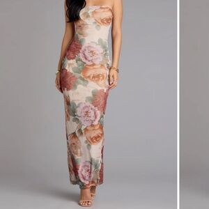 Floral mesh maxi tube dress
